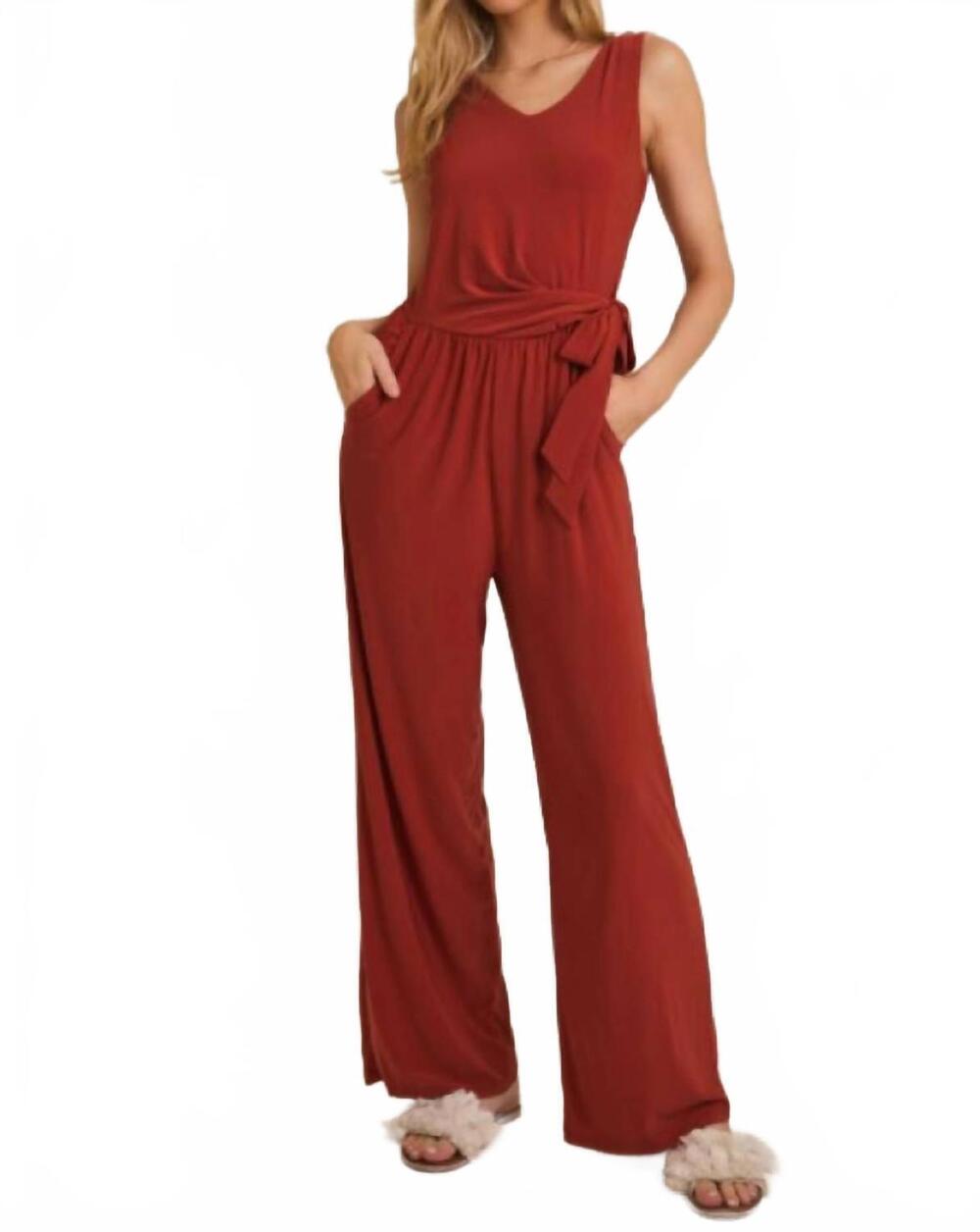 NEW GILLI sleeveless waist tie wide leg jumpsuit in rust